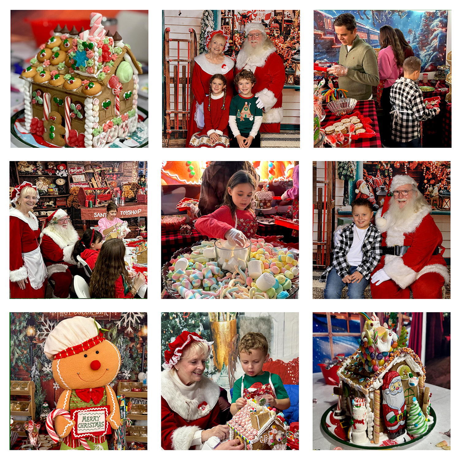 Families decorating gingerbread houses and taking holiday photographs with Santa and Mrs. Claus